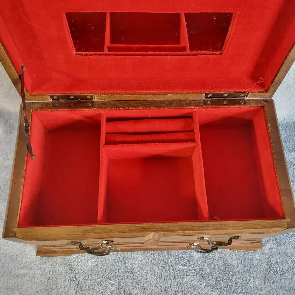 Vintage Wooden Jewelry Armoire Chest Storage Box Red Velvet Lining Made in Japan